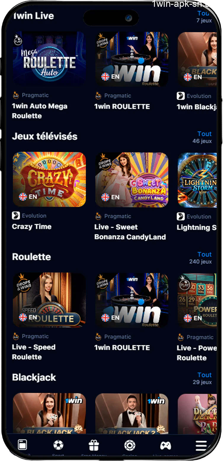 Captures d'écran Connexion 1win live casino